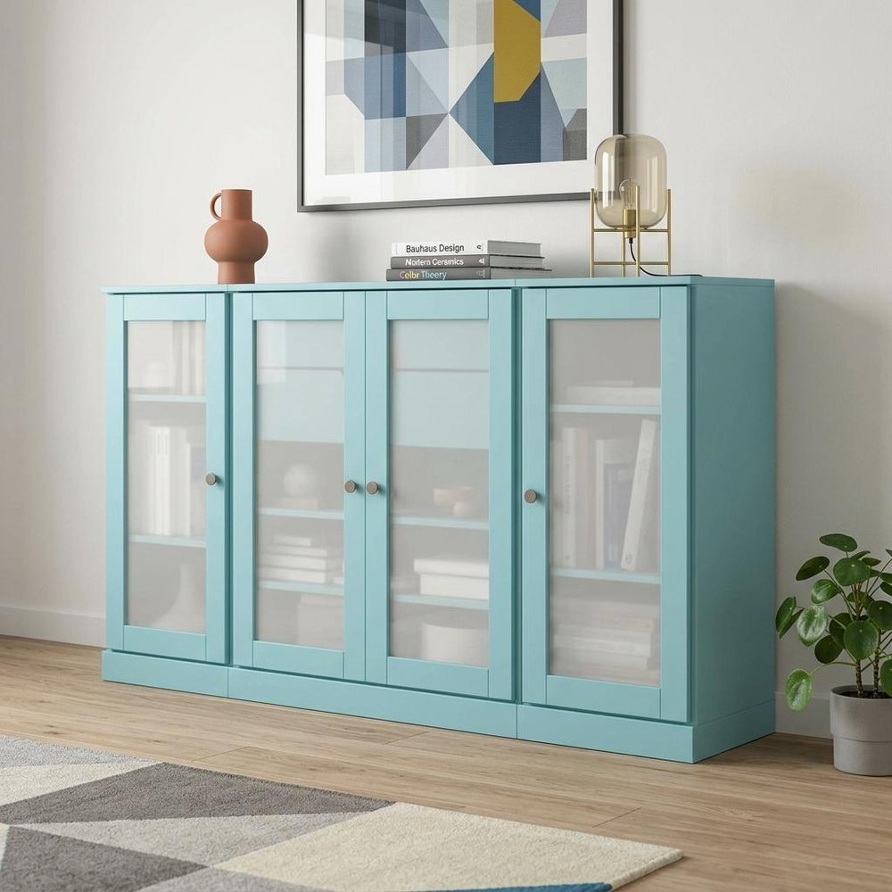 65" Aqua Solid Wood Two Drawer Sideboard With Four Glass Doors — view 1