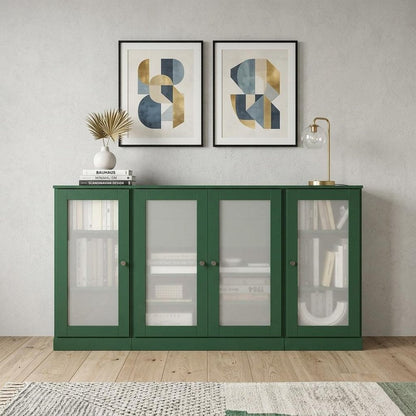 65" Green Solid Wood Two Drawer Sideboard With Four Glass Doors HomeRoots