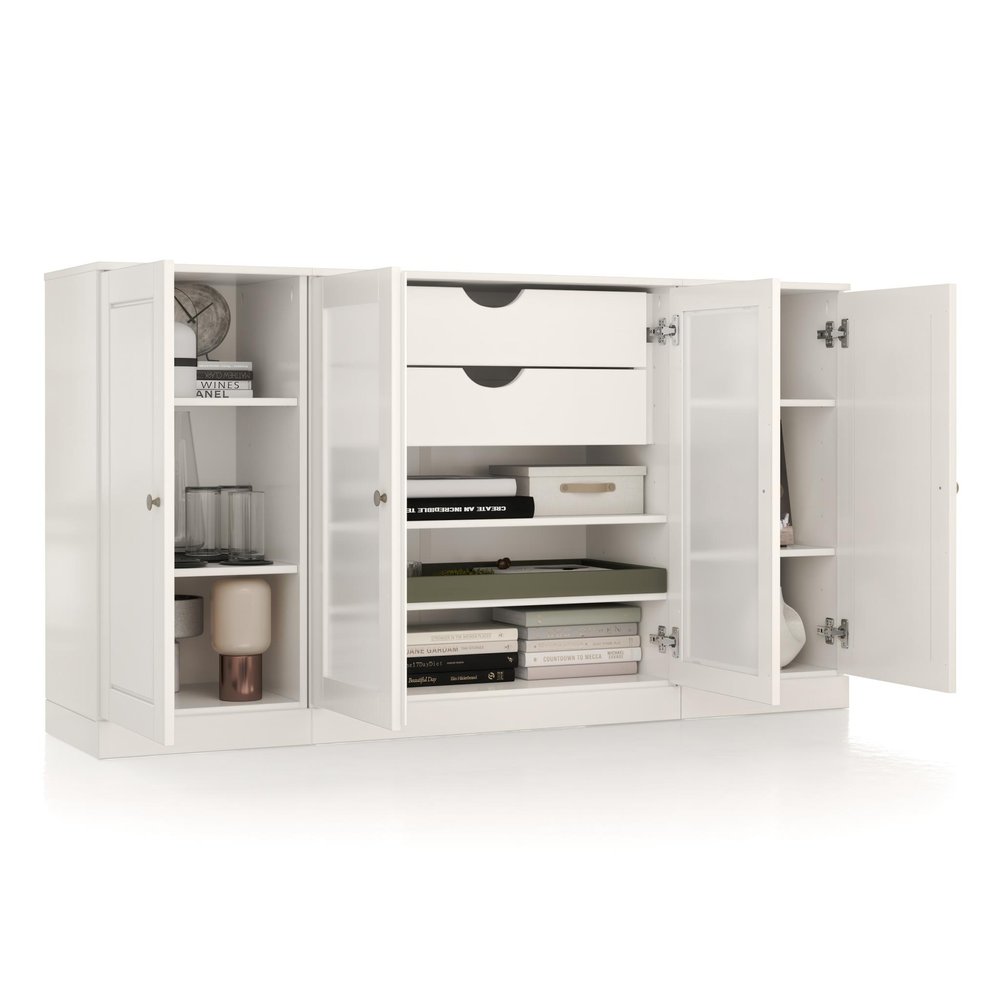 65" White Solid Wood Two Drawer Sideboard With Four Glass Doors — view 2
