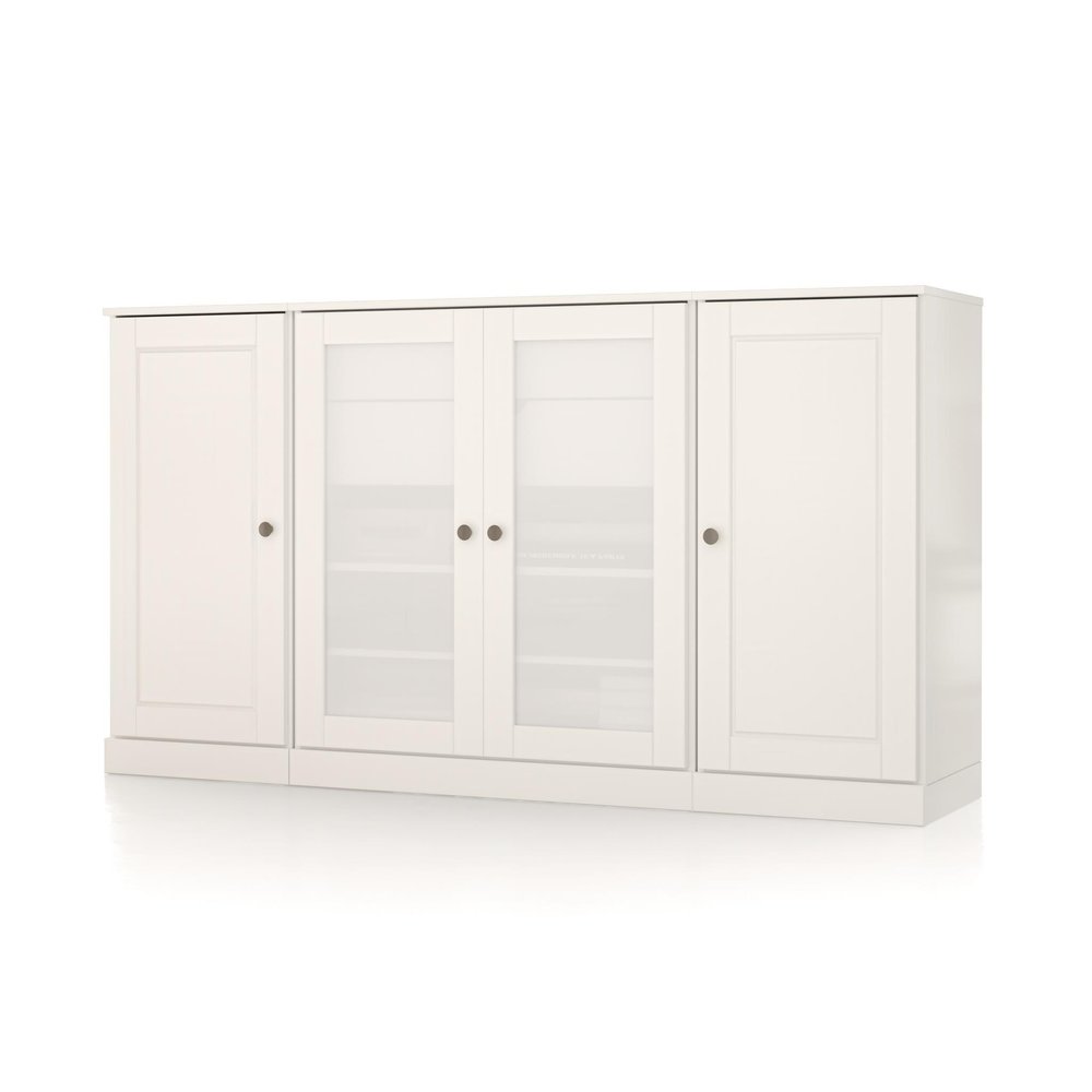 65" White Solid Wood Two Drawer Sideboard With Four Glass Doors