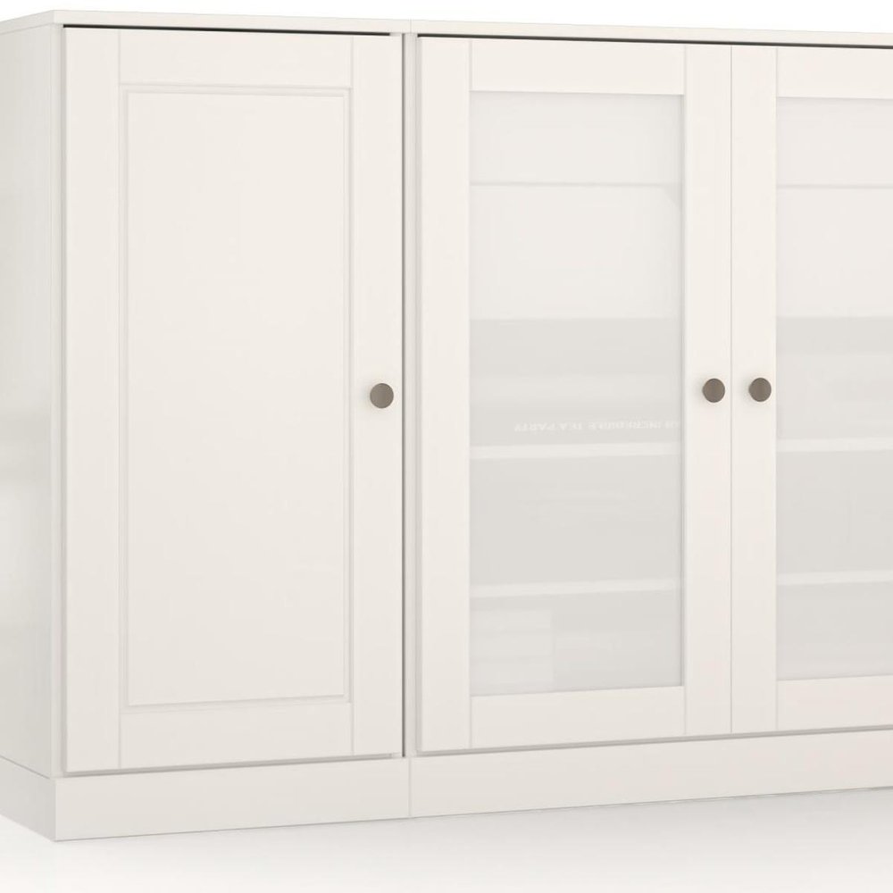 65" White Solid Wood Two Drawer Sideboard With Four Glass Doors