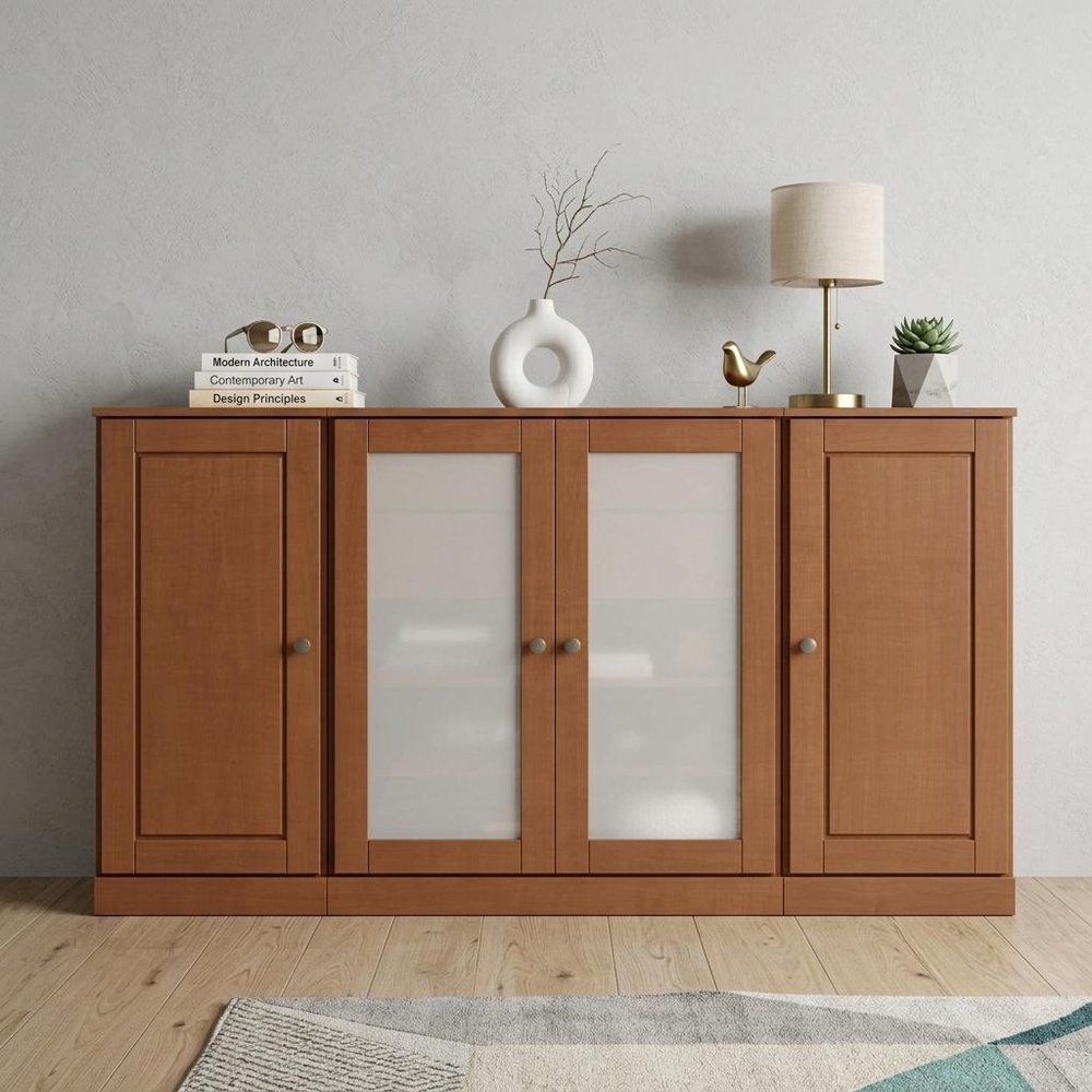 65" Coffee Solid Wood Two Drawer Sideboard With Four Glass Doors — view 2