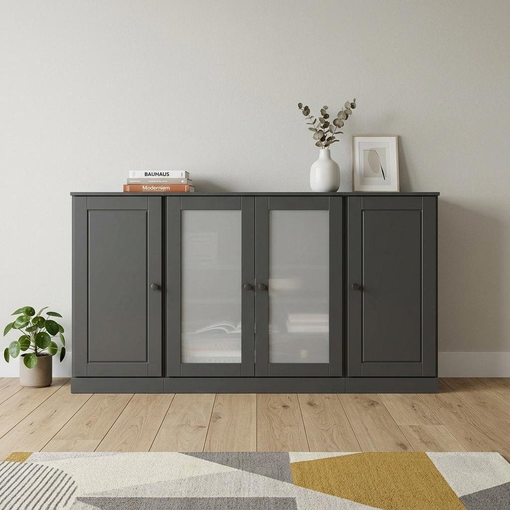 65" Gray Solid Wood Two Drawer Sideboard With Four Glass Doors — view 2
