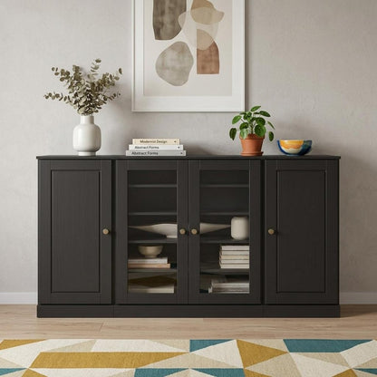 65" Black Solid Wood Two Drawer Sideboard With Four Glass Doors HomeRoots