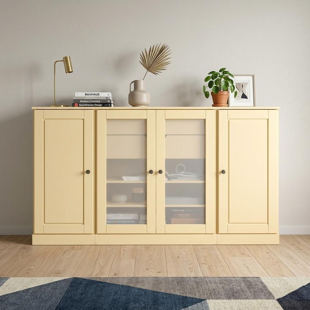 65" Yellow Solid Wood Two Drawer Sideboard With Four Glass Doors — view 4