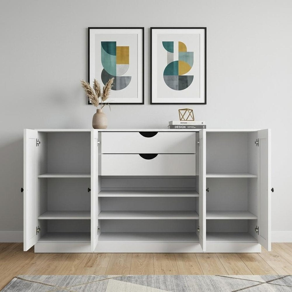 65" White Solid Wood Two Drawer Sideboard With Four Doors HomeRoots