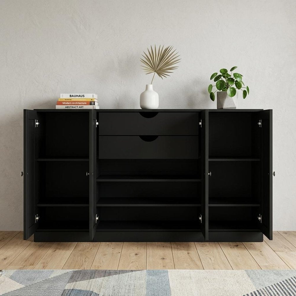 65" Black Solid Wood Two Drawer Sideboard With Four Doors HomeRoots