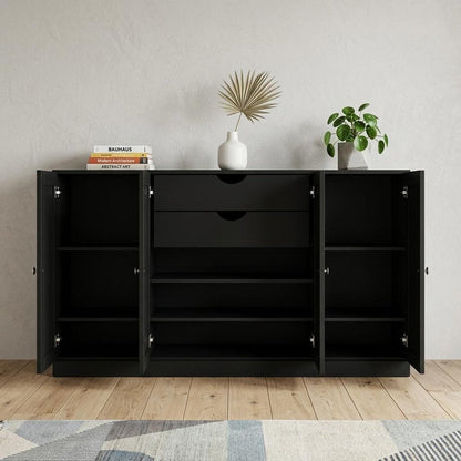 65" Black Solid Wood Two Drawer Sideboard With Four Doors