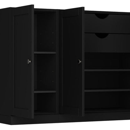 65" Black Solid Wood Two Drawer Sideboard With Four Doors HomeRoots