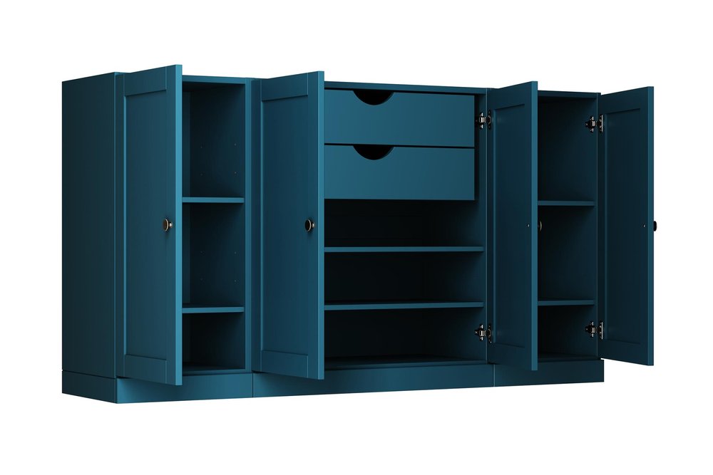 65" Teal Blue Solid Wood Two Drawer Sideboard With Four Doors — view 2