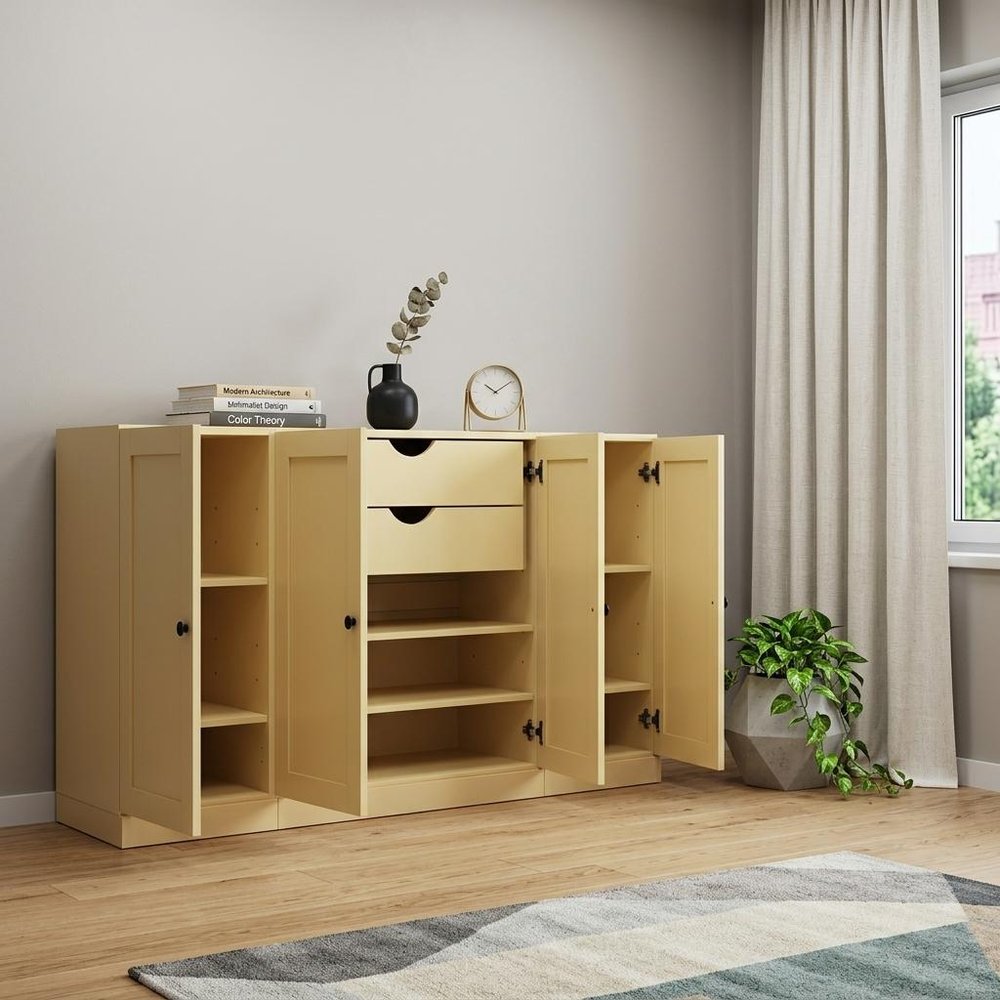 65" Yellow Solid Wood Two Drawer Sideboard With Four Doors — view 4