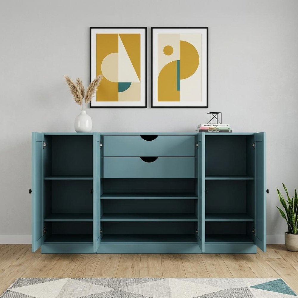 65" Aqua Solid Wood Two Drawer Sideboard With Four Doors — view 4