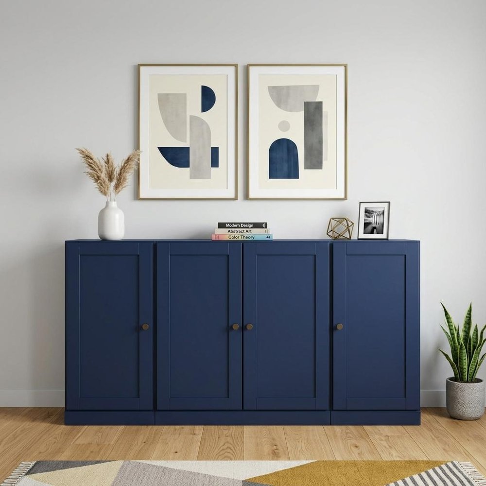 65" Navy Blue Solid Wood Two Drawer Sideboard With Four Doors — view 2