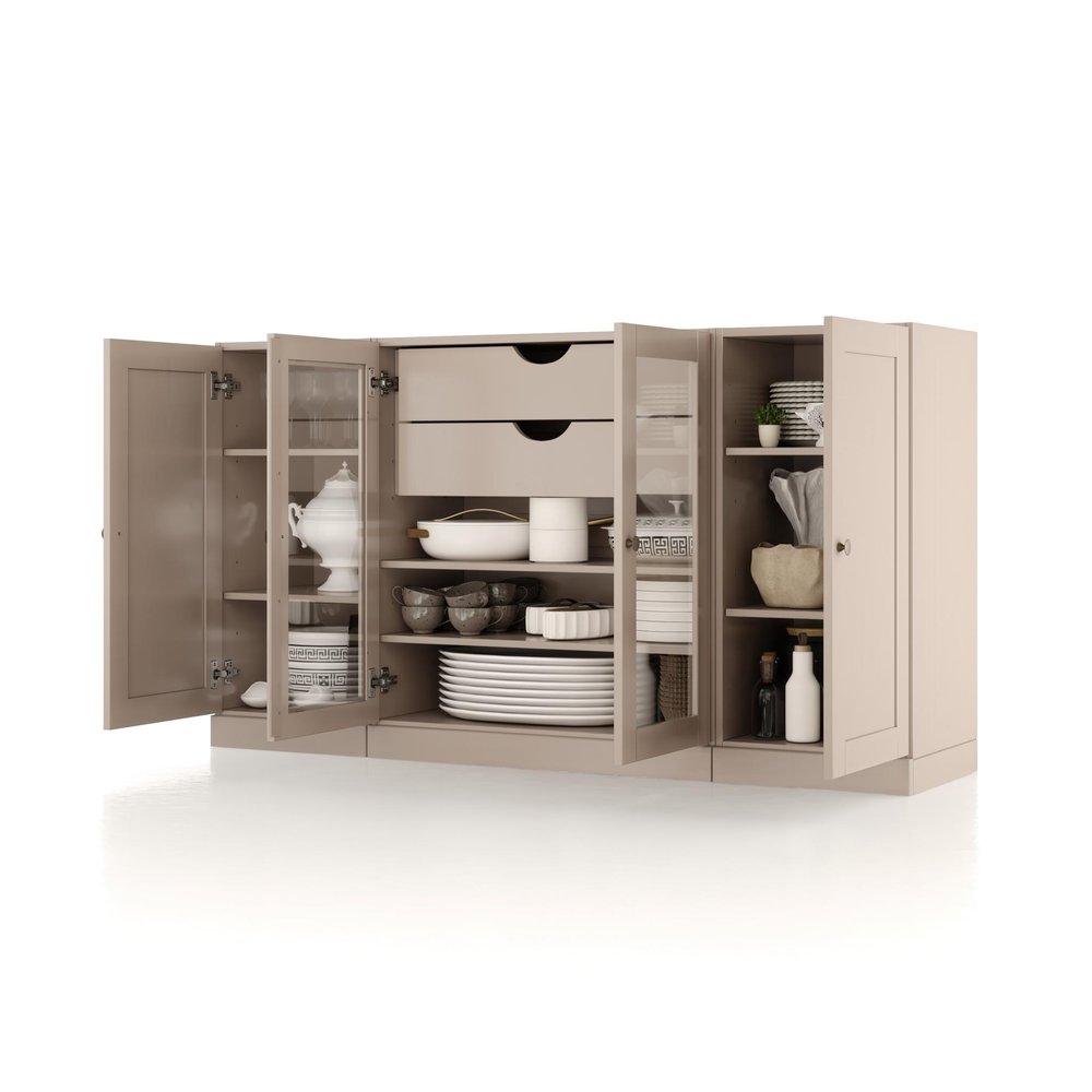 65" Beige Solid Wood Two Drawer Sideboard With Four Glass Doors HomeRoots