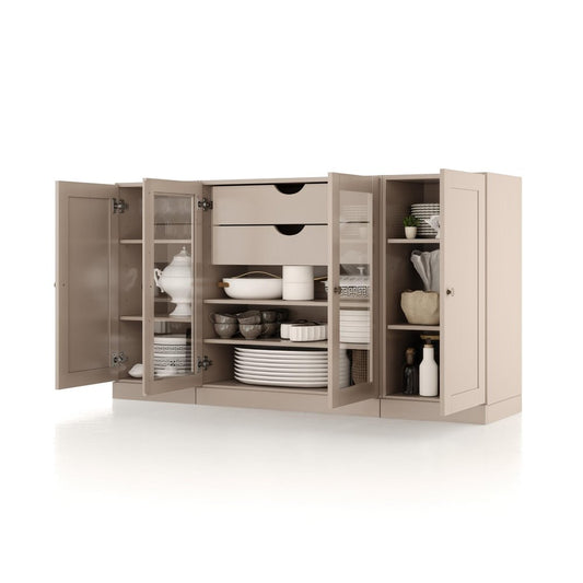 65" Beige Solid Wood Two Drawer Sideboard With Four Glass Doors