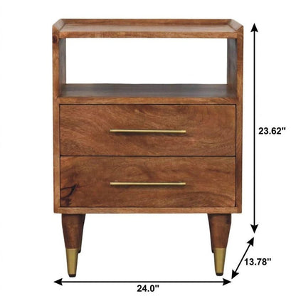 24" Brown Solid Wood Two Drawer Nightstand