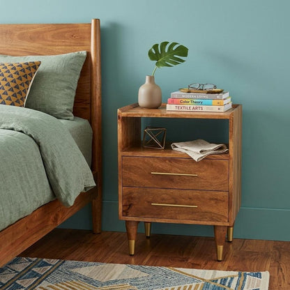 24" Brown Solid Wood Two Drawer Nightstand