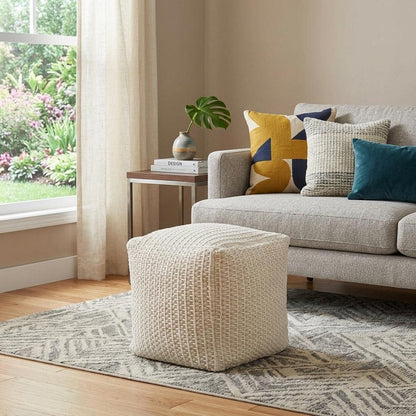 18" Off White Cotton Blend Cube Pouf Ottoman HomeRoots