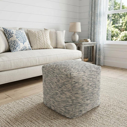 18" Blue and Ivory Cotton Blend Striped Cube Pouf Ottoman HomeRoots