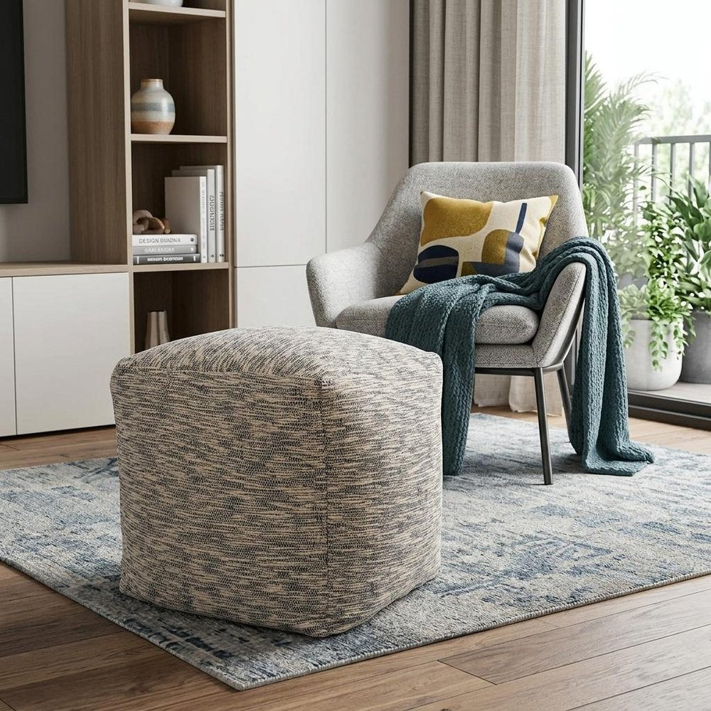 18" Blue and Ivory Cotton Blend Striped Cube Pouf Ottoman HomeRoots