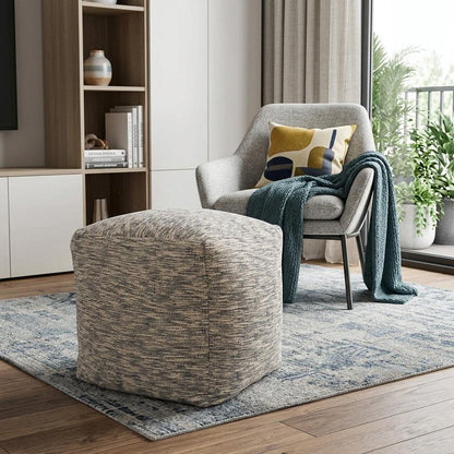 18" Blue and Ivory Cotton Blend Striped Cube Pouf Ottoman HomeRoots