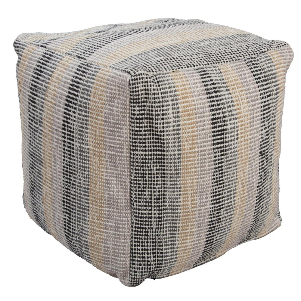 18" Beige Black and Gray Cotton Blend Striped Cube Pouf Ottoman HomeRoots