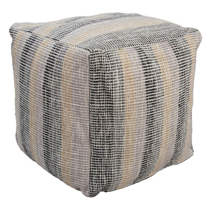 18" Beige Black and Gray Cotton Blend Striped Cube Pouf Ottoman HomeRoots