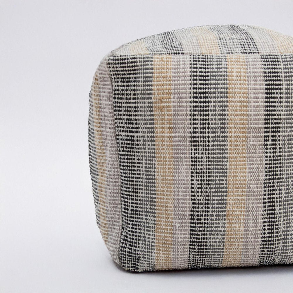 18" Beige Black and Gray Cotton Blend Striped Cube Pouf Ottoman HomeRoots
