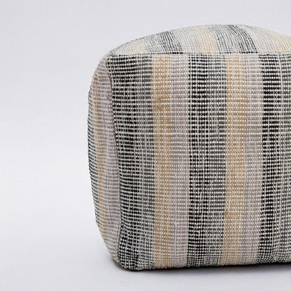 18" Beige Black and Gray Cotton Blend Striped Cube Pouf Ottoman HomeRoots