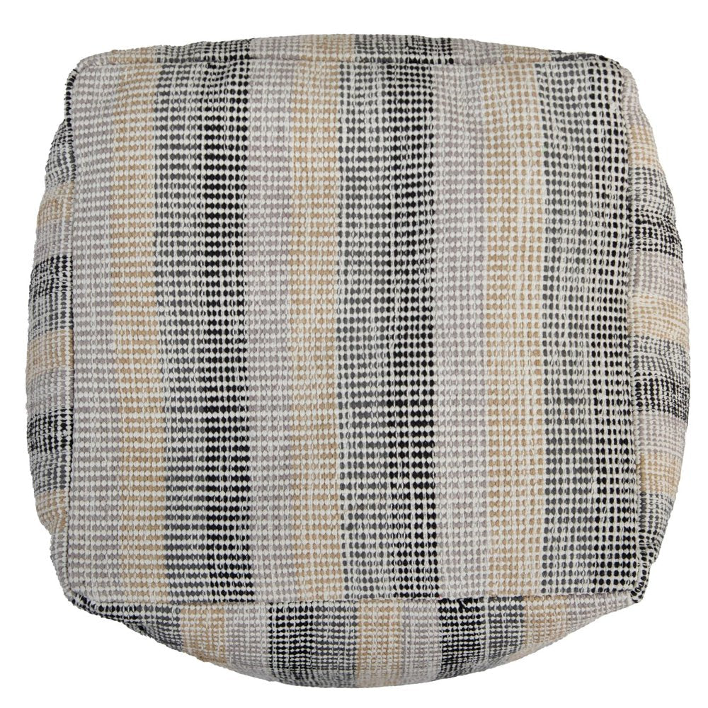 18" Beige Black and Gray Cotton Blend Striped Cube Pouf Ottoman HomeRoots