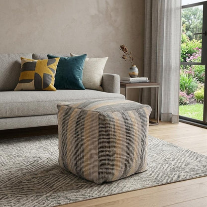 18" Beige Black and Gray Cotton Blend Striped Cube Pouf Ottoman HomeRoots