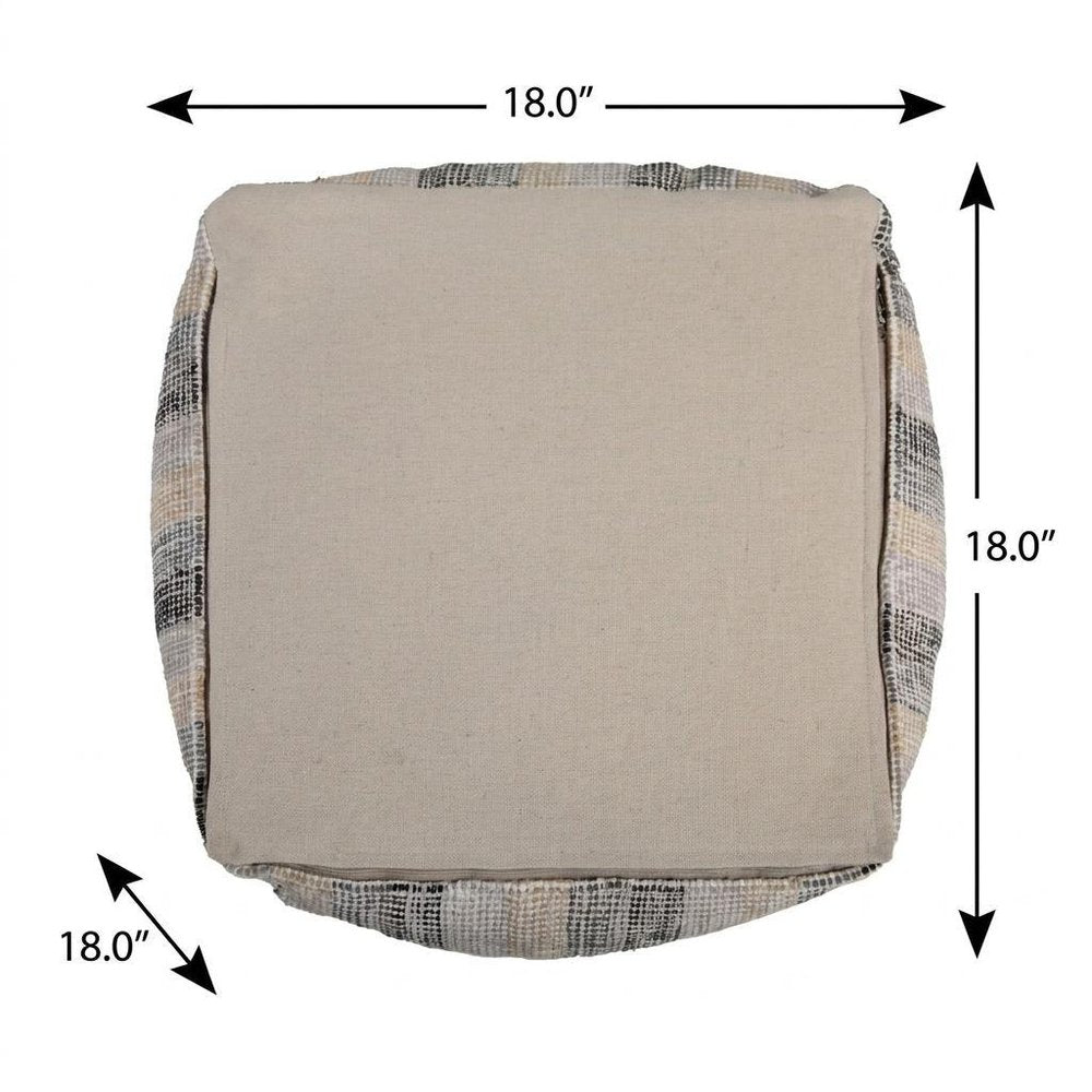 18" Beige Black and Gray Cotton Blend Striped Cube Pouf Ottoman — view 7