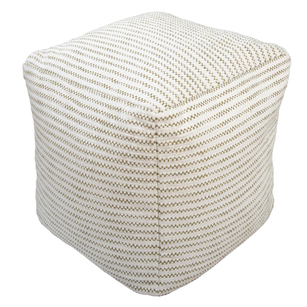 18" Sage Green and Ivory Cotton Blend Striped Cube Pouf Ottoman HomeRoots
