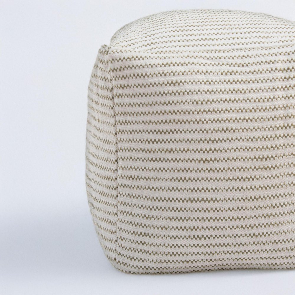 18" Sage Green and Ivory Cotton Blend Striped Cube Pouf Ottoman HomeRoots
