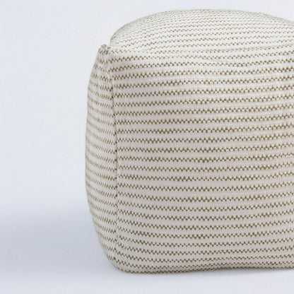 18" Sage Green and Ivory Cotton Blend Striped Cube Pouf Ottoman HomeRoots