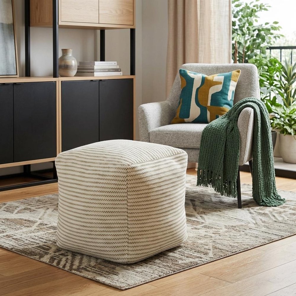 18" Sage Green and Ivory Cotton Blend Striped Cube Pouf Ottoman — view 6