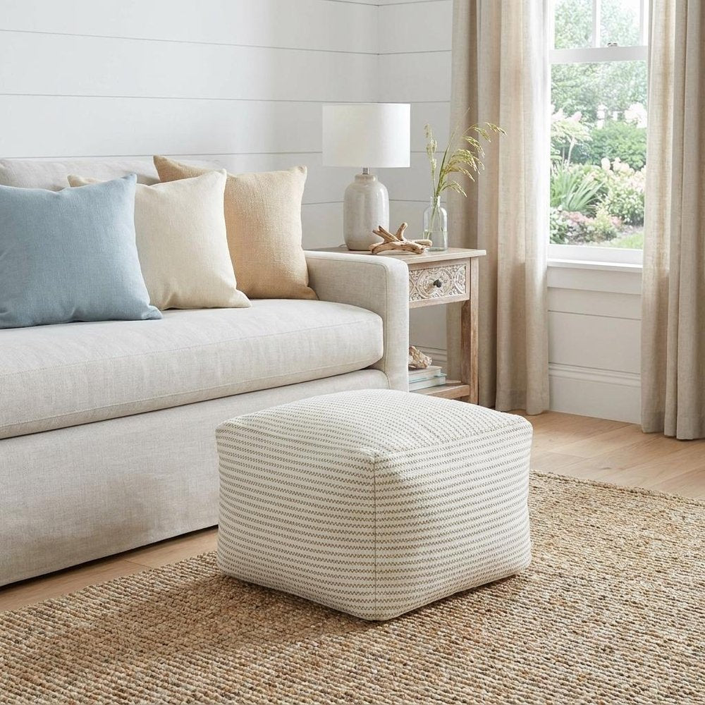 18" Sage Green and Ivory Cotton Blend Striped Cube Pouf Ottoman — view 7