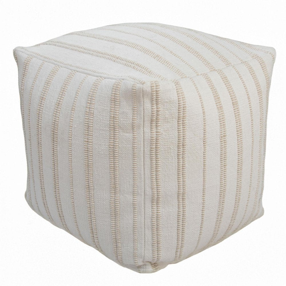 18" Beige and Ivory Cotton Blend Striped Cube Pouf Ottoman — view 4