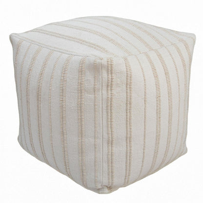 18" Beige and Ivory Cotton Blend Striped Cube Pouf Ottoman HomeRoots