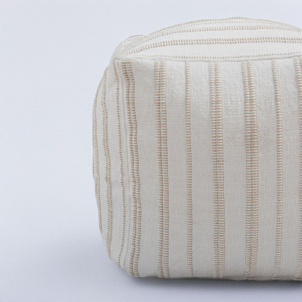 18" Beige and Ivory Cotton Blend Striped Cube Pouf Ottoman HomeRoots