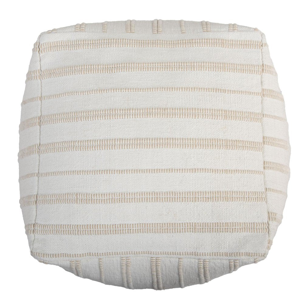 18" Beige and Ivory Cotton Blend Striped Cube Pouf Ottoman HomeRoots