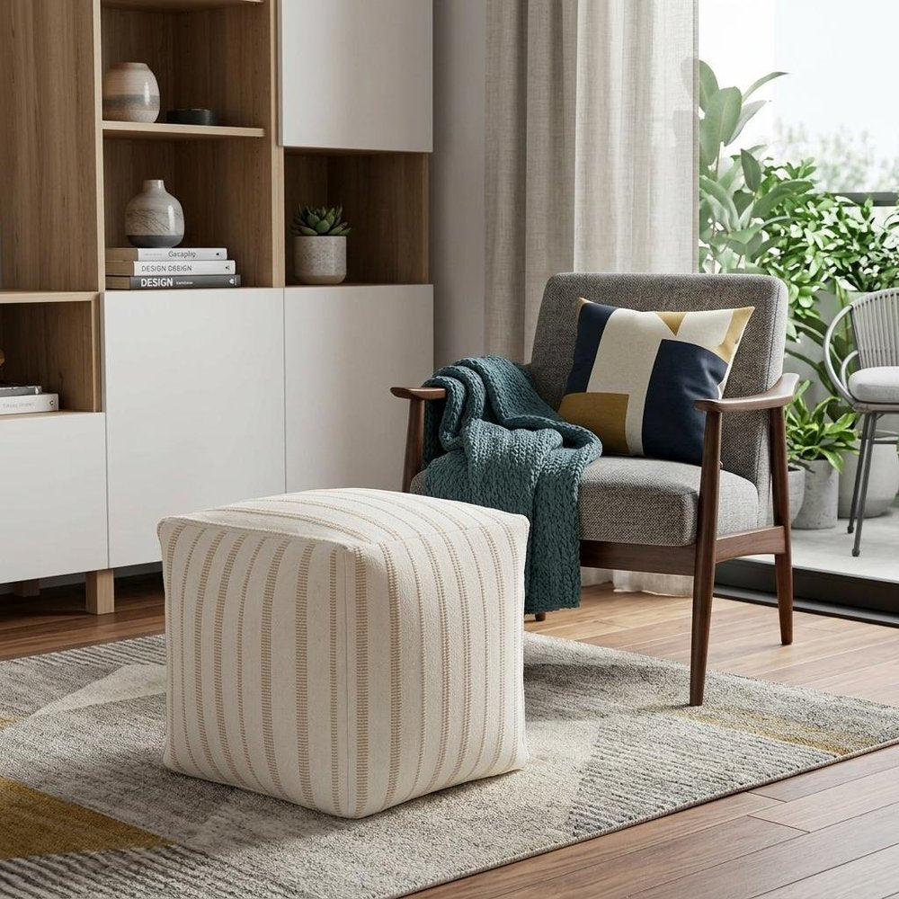 18" Beige and Ivory Cotton Blend Striped Cube Pouf Ottoman — view 1