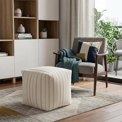 18" Beige and Ivory Cotton Blend Striped Cube Pouf Ottoman HomeRoots