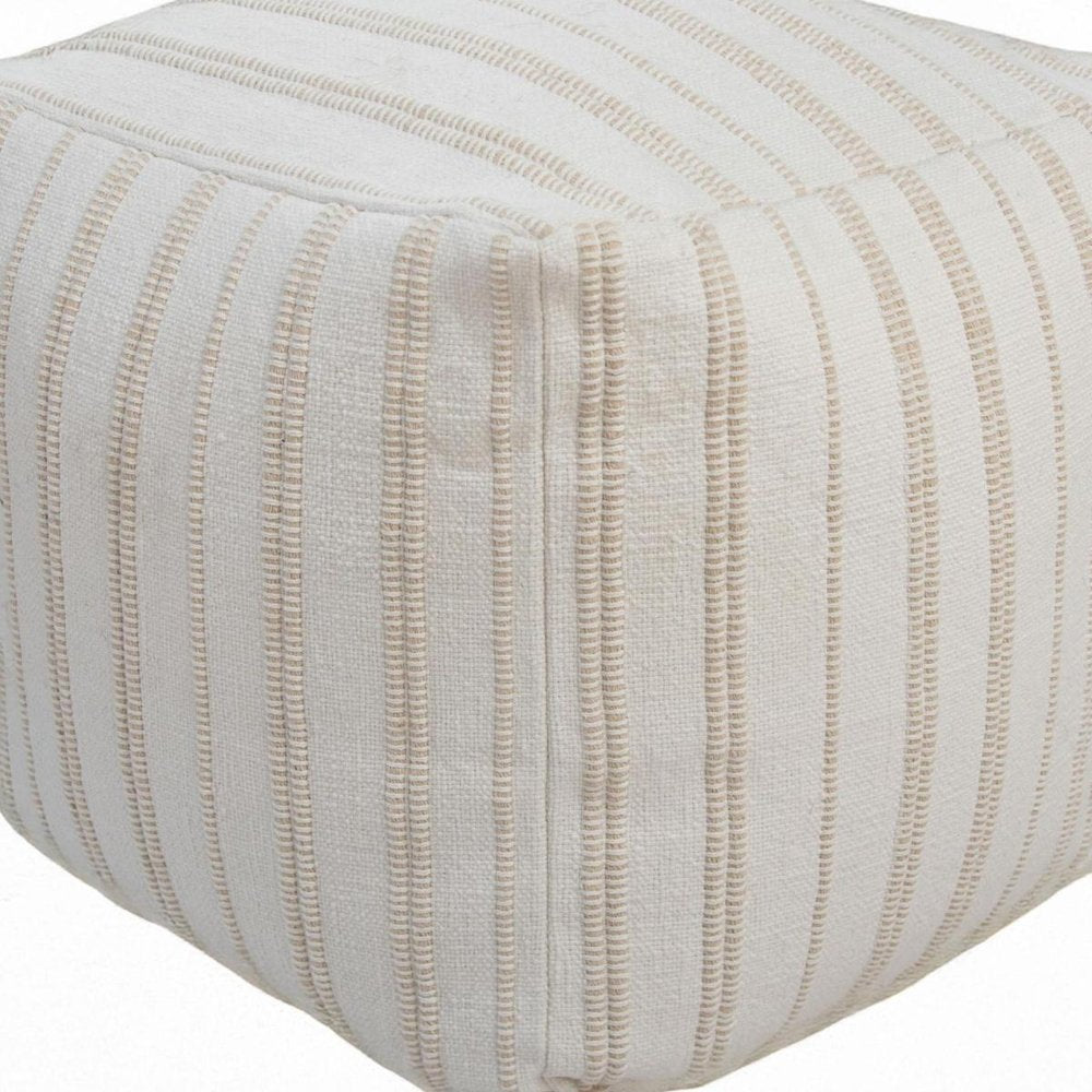18" Beige and Ivory Cotton Blend Striped Cube Pouf Ottoman HomeRoots