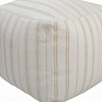 18" Beige and Ivory Cotton Blend Striped Cube Pouf Ottoman HomeRoots