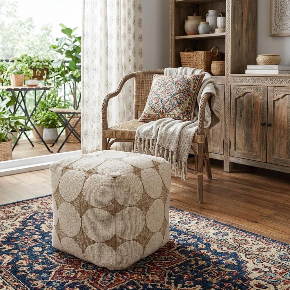 18" Beige Khaki and Natural Cotton Blend Geometric Cube Pouf Ottoman HomeRoots