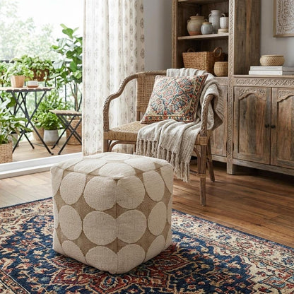 18" Beige Khaki and Natural Cotton Blend Geometric Cube Pouf Ottoman HomeRoots