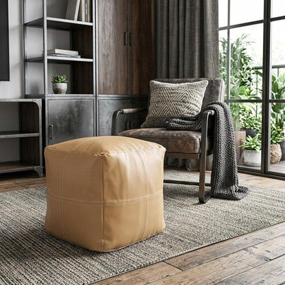 18" Tan Faux Leather Cube Pouf Ottoman HomeRoots