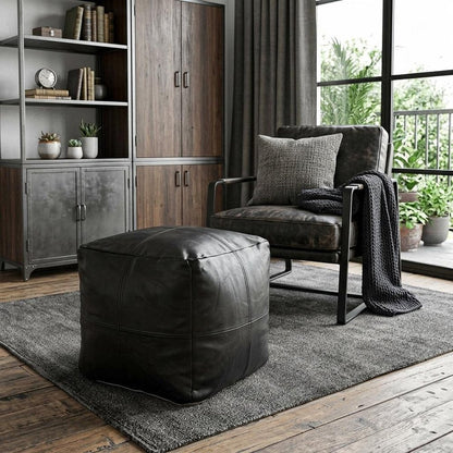 18" Tan Faux Leather Cube Pouf Ottoman HomeRoots
