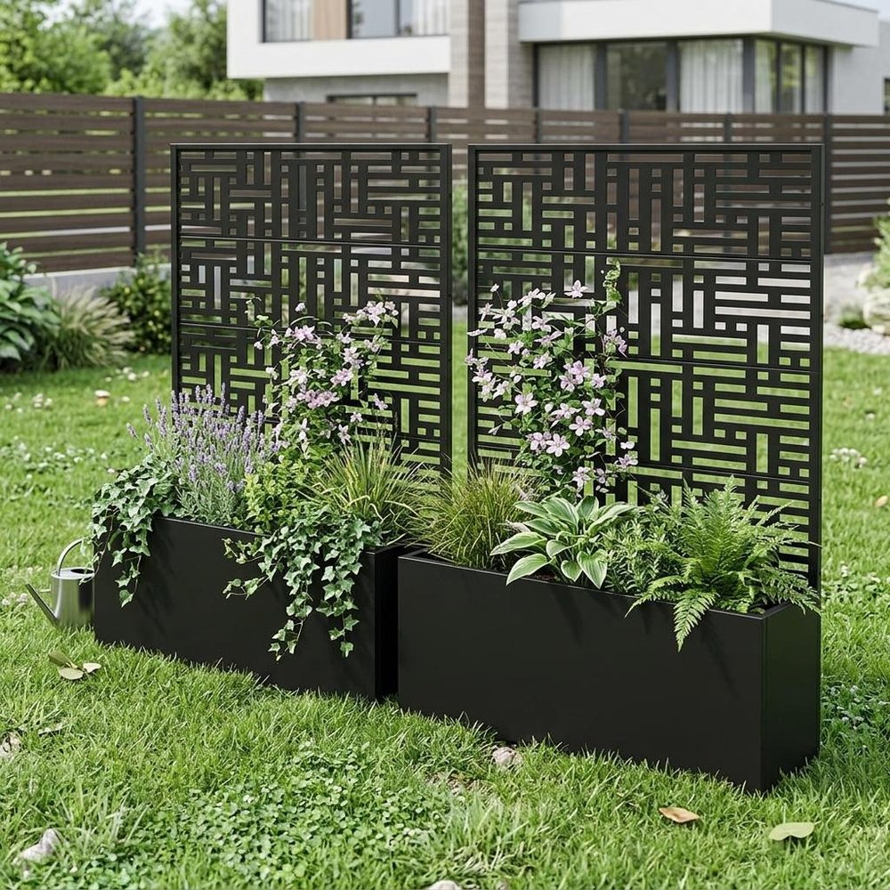 Set of Two Black Geometric Galvanized Metal Rectangular Planter Box — view 1